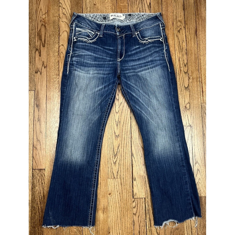 Ariat Bootcut‎ Denim Blue Jeans Mid Rise Embroidered Distressed Women's Sz 34x30